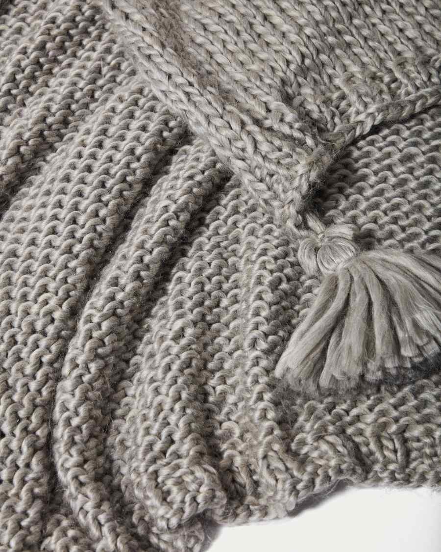Jandra blanket with tassel pom poms in grey wool, 125 x 150 cm