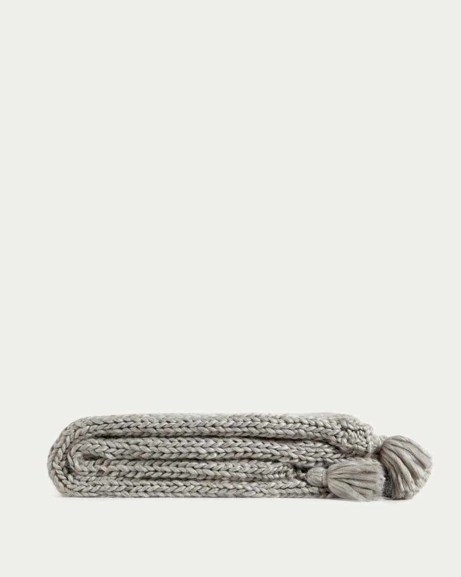 Jandra blanket with tassel pom poms in grey wool, 125 x 150 cm