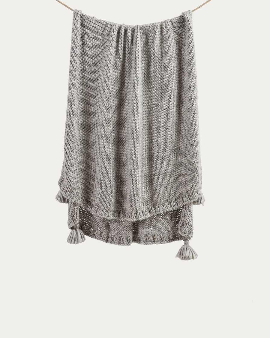 Jandra blanket with tassel pom poms in grey wool, 125 x 150 cm