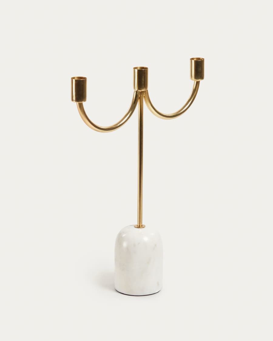 Perca großer Kerzenhalter für drei Kerzen in Gold und mit weißem Marmor