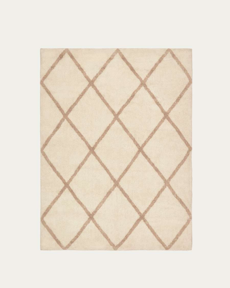 Tappeto Terezinha 100% cotone bianco e rombi beige 150 x 200 cm