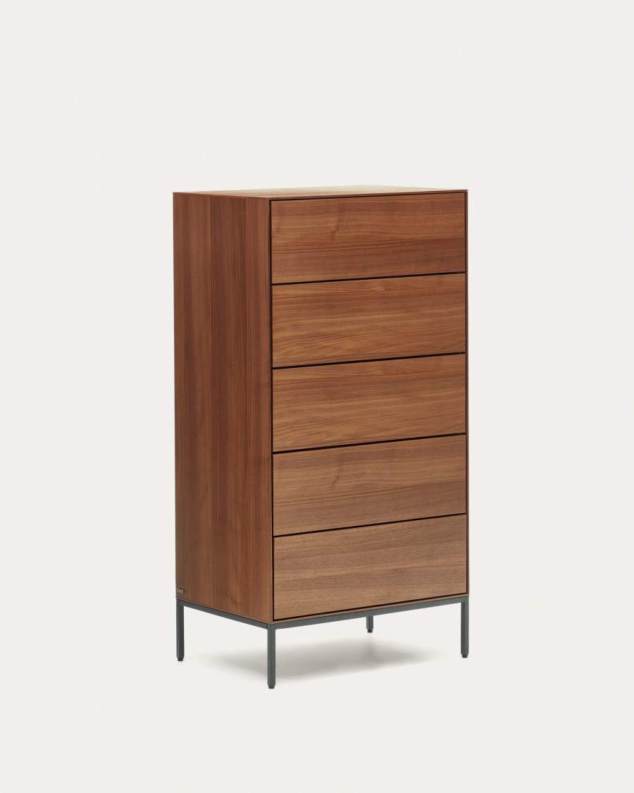 Vedrana 5 drawer chest of drawers in walnut veneer with black steel legs, 60 x 114 cm