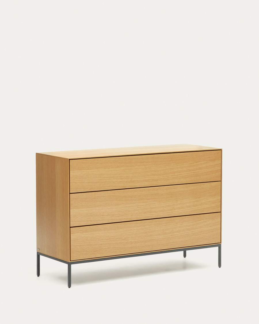 Vedrana 3 drawer chest of drawers in oak veneer with black steel legs, 110 x 75 cm