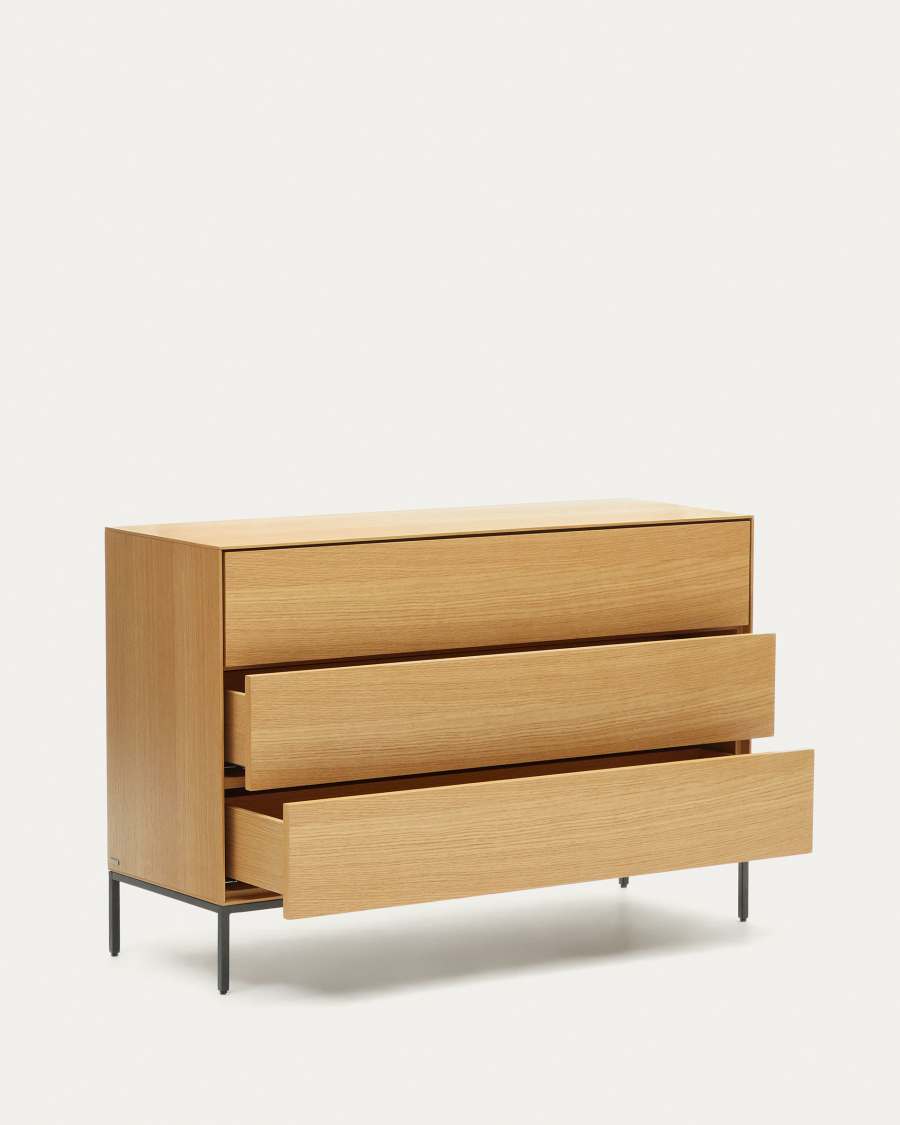 Vedrana 3 drawer chest of drawers in oak veneer with black steel legs, 110 x 75 cm