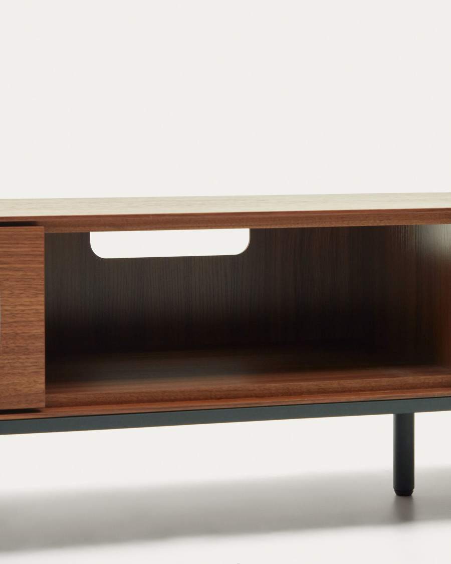 Vedrana 3 drawer TV stand in walnut veneer with black steel legs, 195 x 35 cm