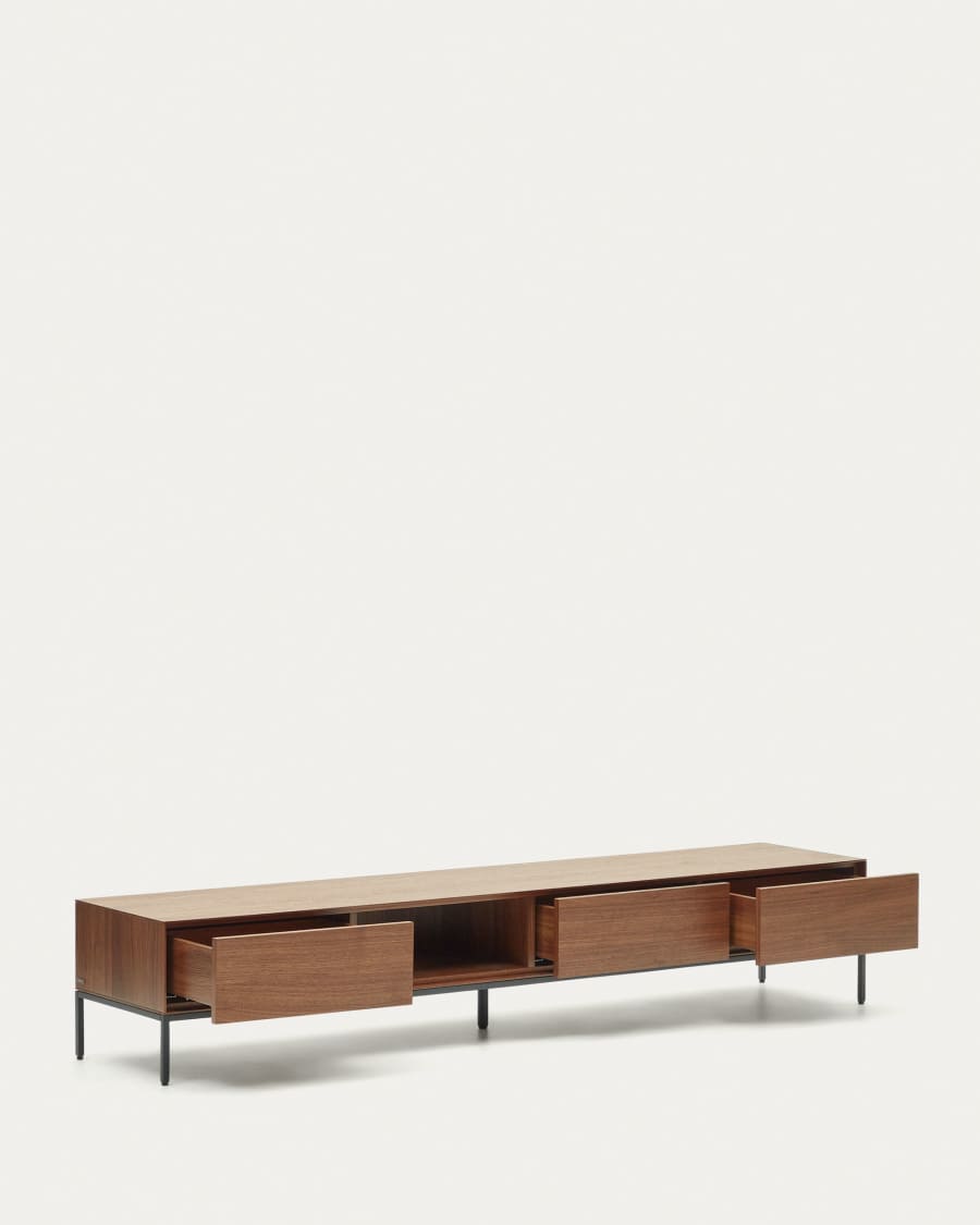 Vedrana 3 drawer TV stand in walnut veneer with black steel legs, 195 x 35 cm