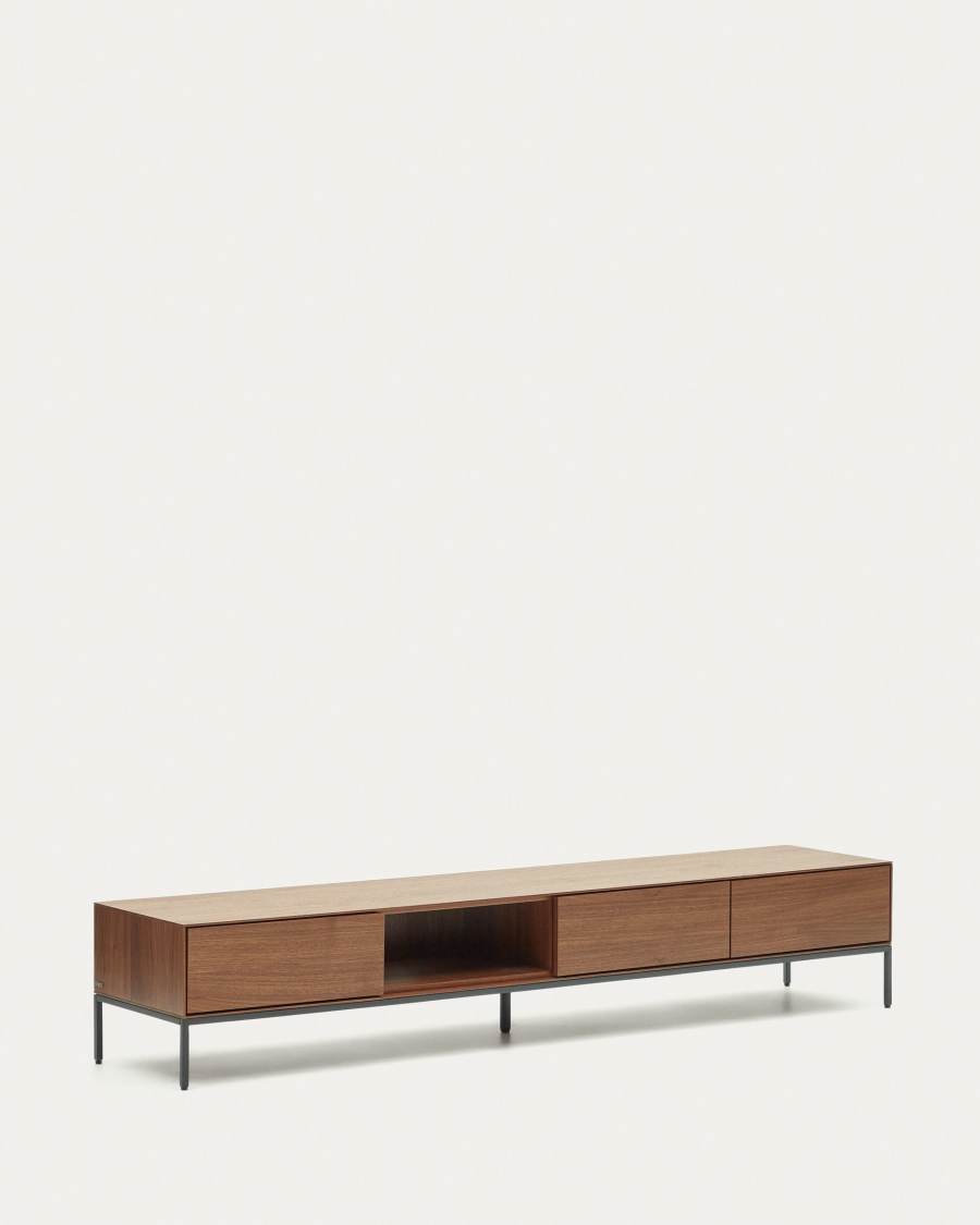 Vedrana 3 drawer TV stand in walnut veneer with black steel legs, 195 x 35 cm