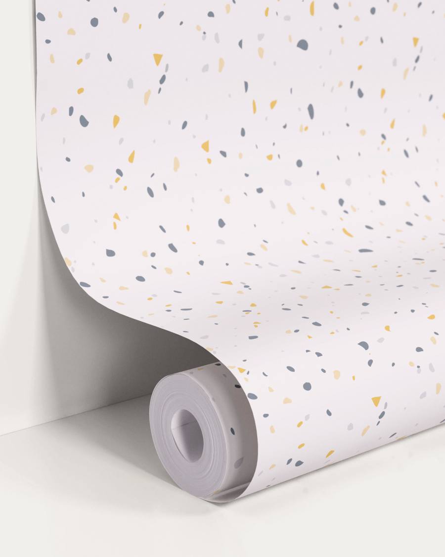 Papier peint Nerta blanc et motif terrazzo bleu et jaune moutarde 10x0,53m FSC MIX Credit