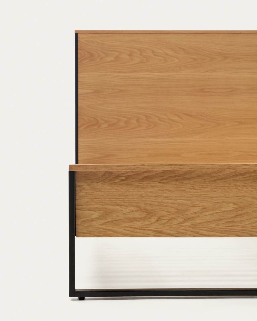 Taiana oak wood veneer bed with steel legs in a black finish, 160 x 200 cm