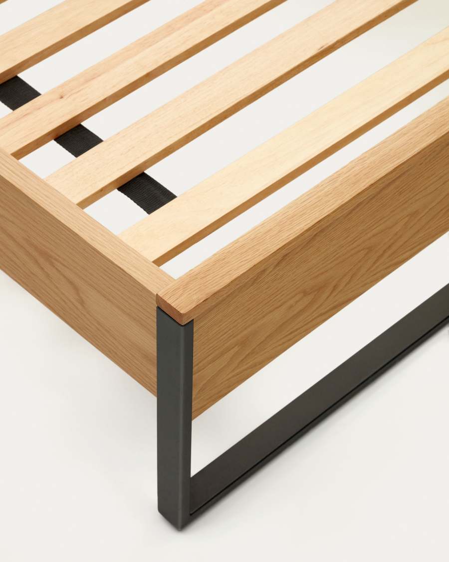 Taiana oak wood veneer bed with steel legs in a black finish, 160 x 200 cm