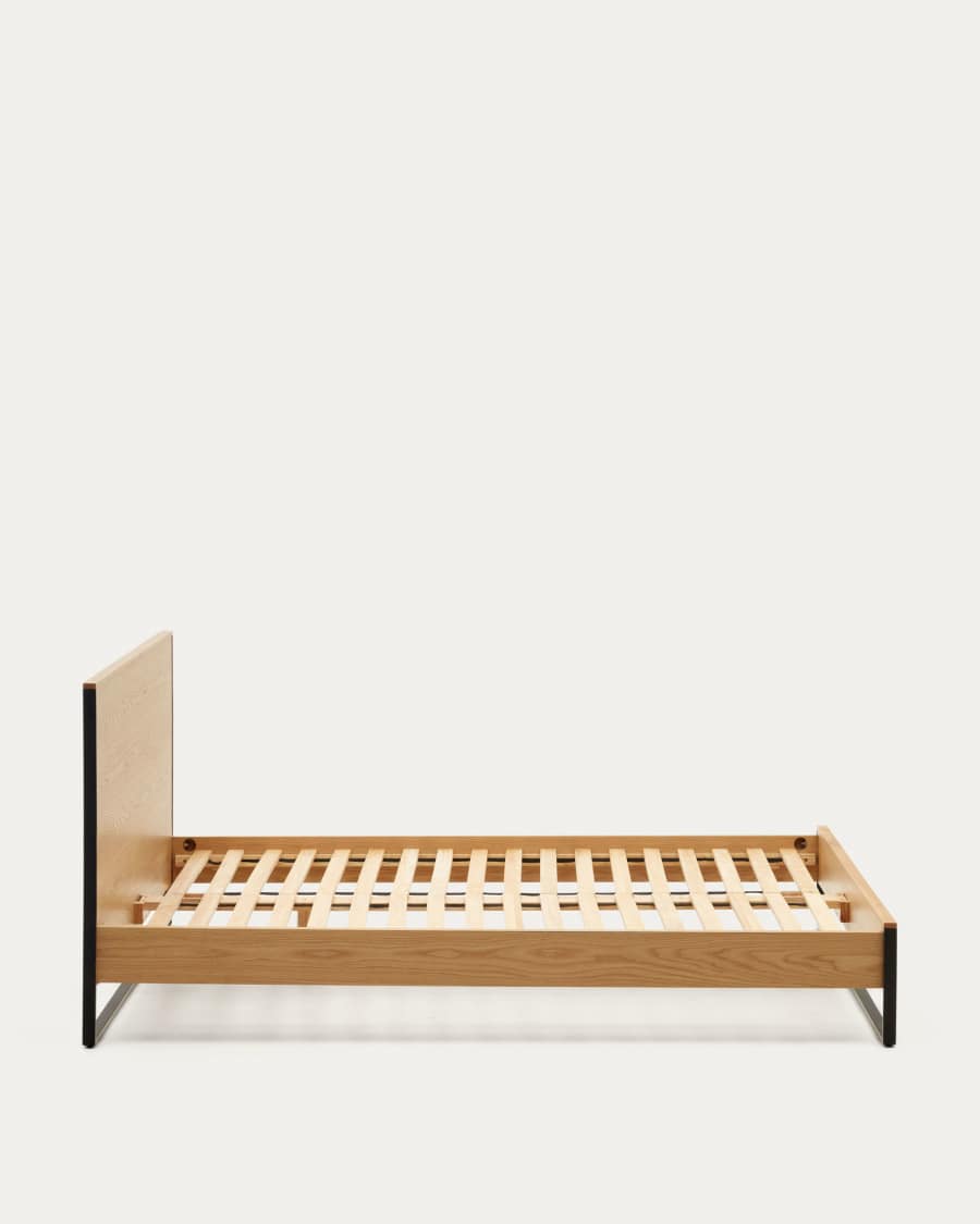 Taiana oak wood veneer bed with steel legs in a black finish, 160 x 200 cm