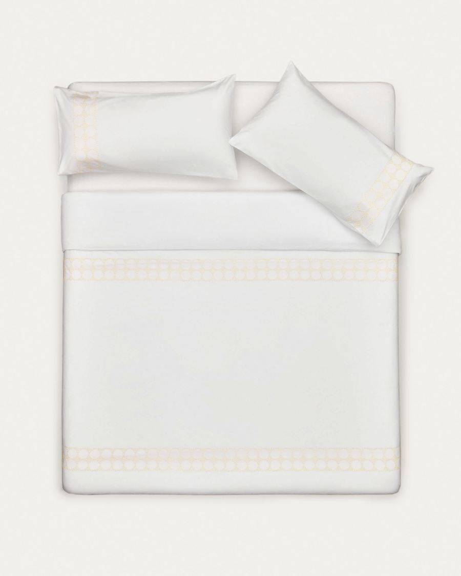 Teia cotton percale duvet cover and pillowcase set in white with floral embroidery, 150x200cm