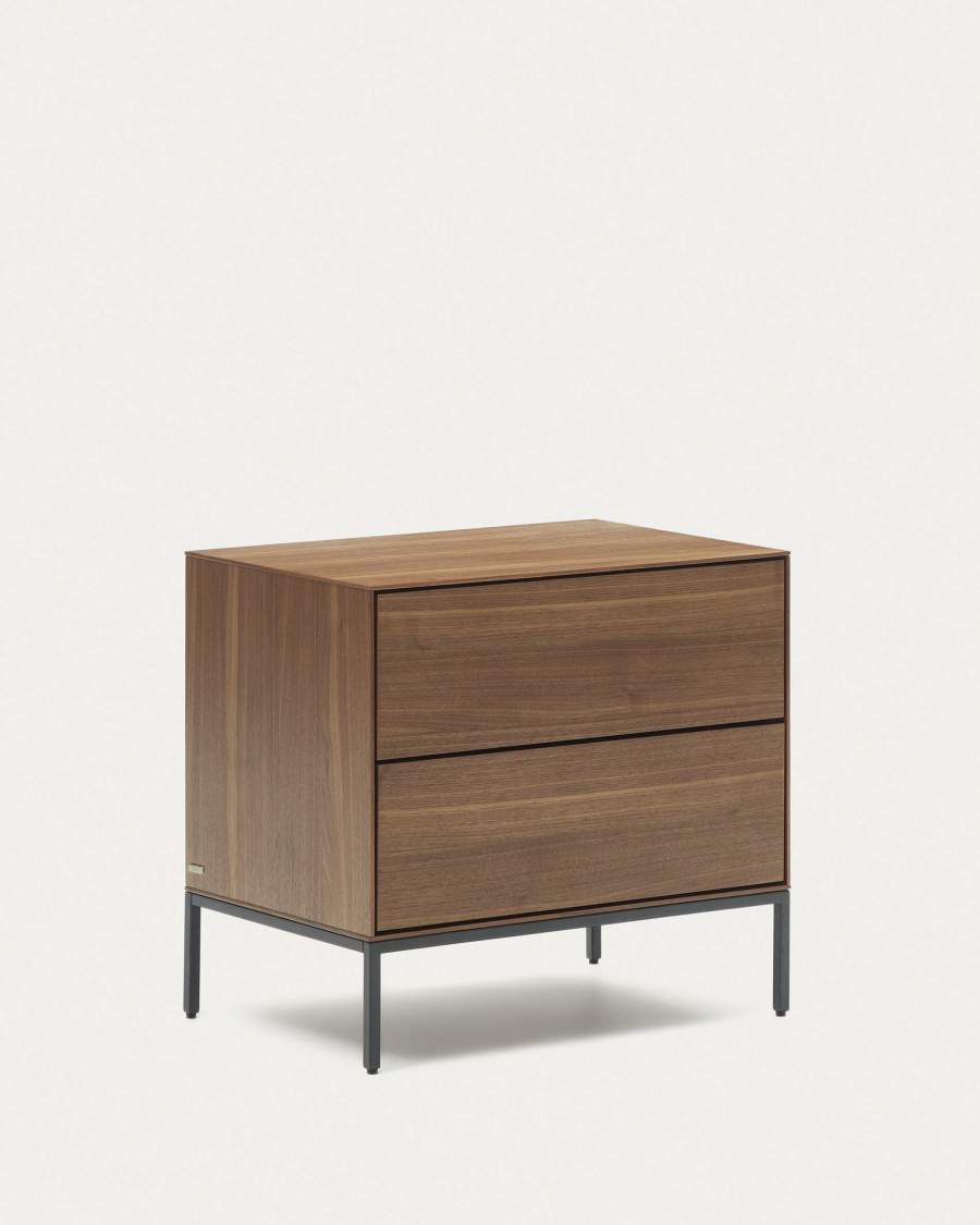 Vedrana bedside table, 2 walnut veneer drawers, and black steel legs, 60 x 55 cm