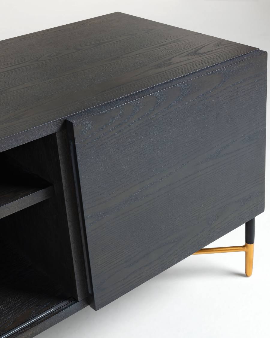 Milian ash wood veneer 2 door TV stand with steel finished in black & gold, 141 x 56 cm