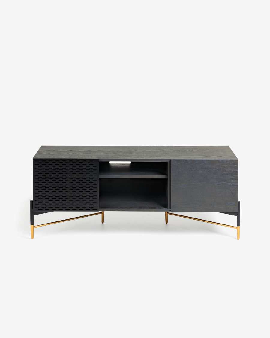 Milian ash wood veneer 2 door TV stand with steel finished in black & gold, 141 x 56 cm