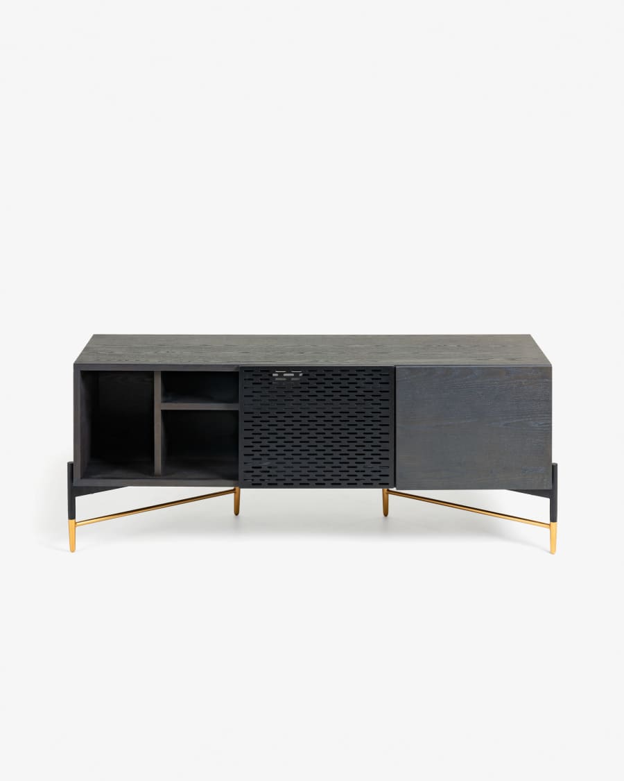 Milian ash wood veneer 2 door TV stand with steel finished in black & gold, 141 x 56 cm