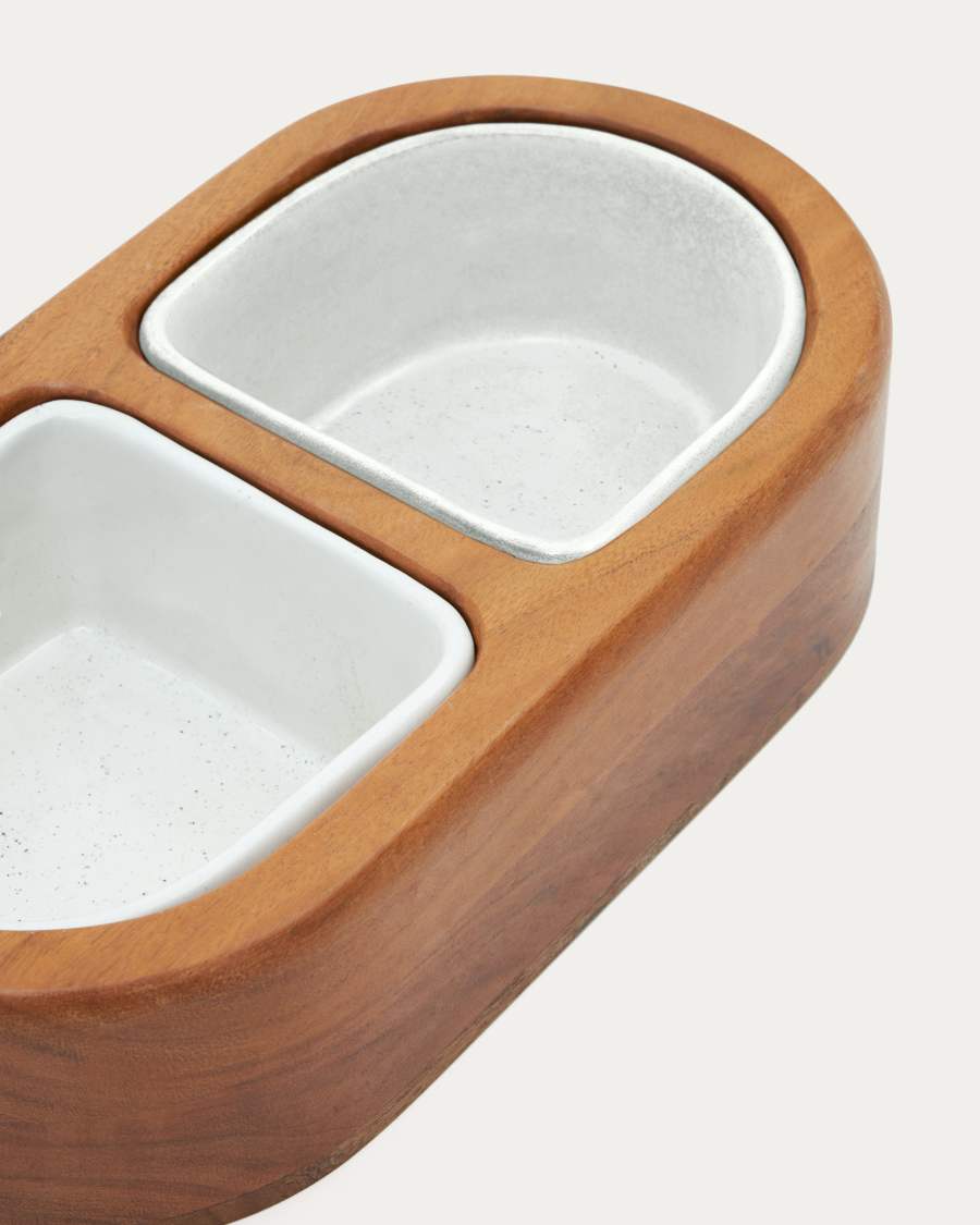 Arlo set of 2 food/water bowls with a wooden support, 38 x 20 cm