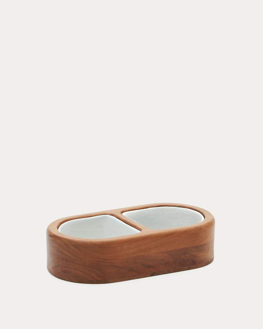Arlo set of 2 food/water bowls with a wooden support, 38 x 20 cm