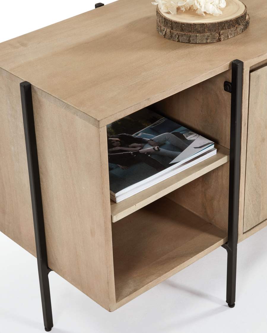 Palmia massief mangohout 2-deurs TV-meubel met staal afgewerkt in zwart, 160 x 56 cm
