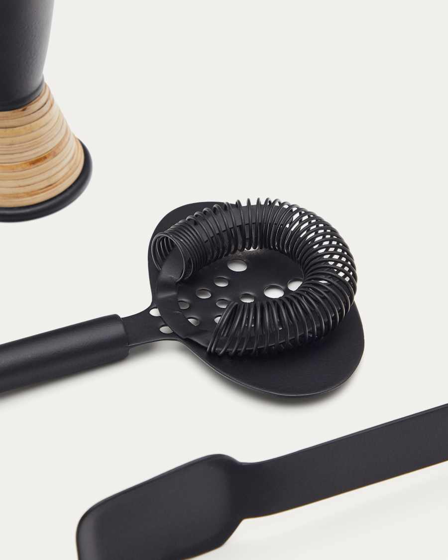 Shai set of black stainless steel and rattan cocktail utensils