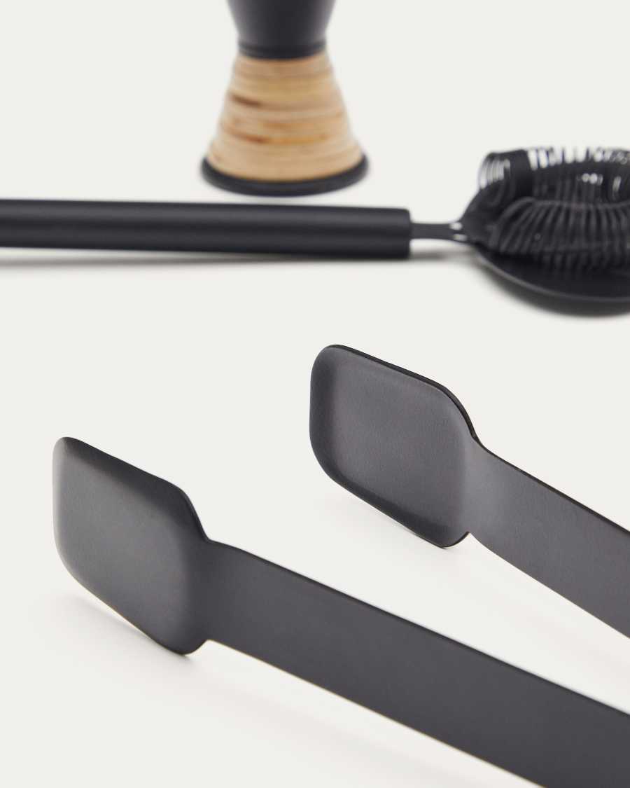 Shai set of black stainless steel and rattan cocktail utensils