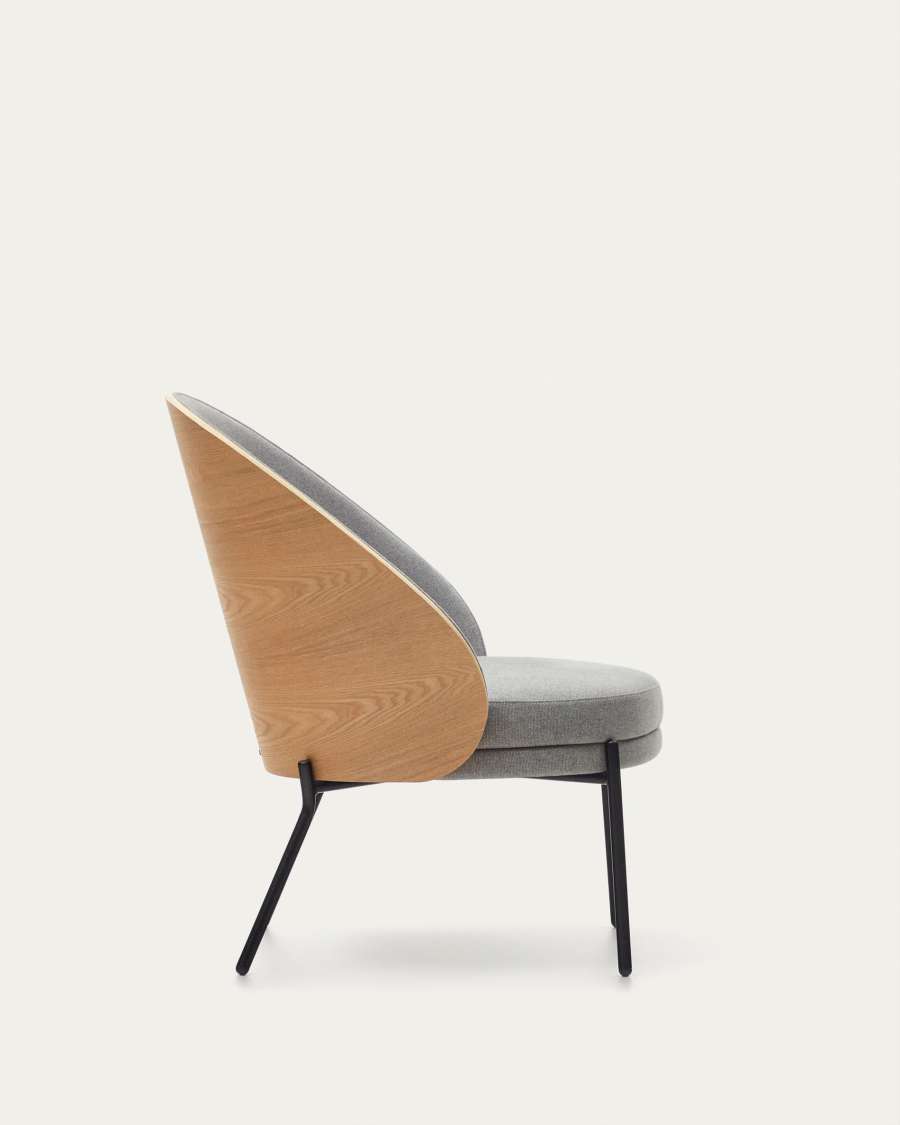 Eamy light grey armchair in an ash wood veneer with a natural finish and black metal