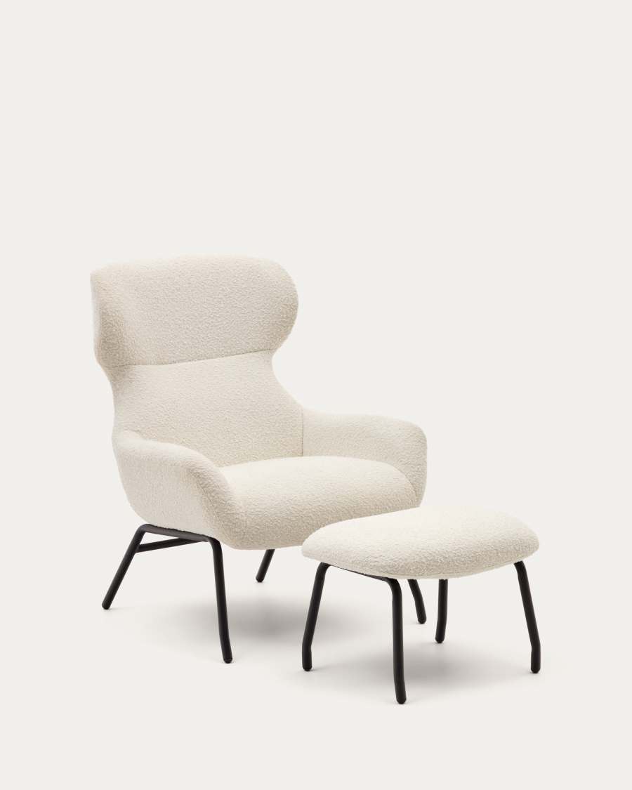 Belina Sessel mit Fußablage aus weißem Bouclé und Stahl mit schwarzem Finish