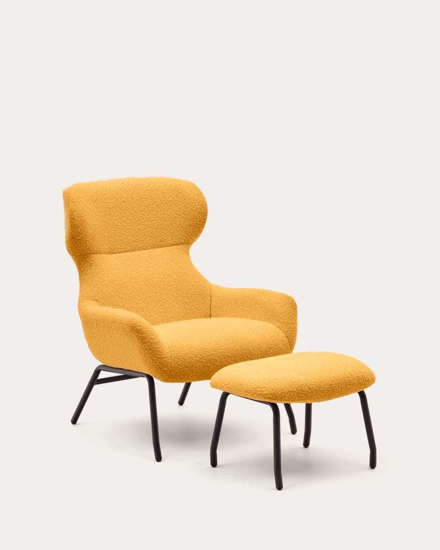 Belina Sessel mit Fußablage aus Bouclé in Senfgelb und Stahl in schwarz