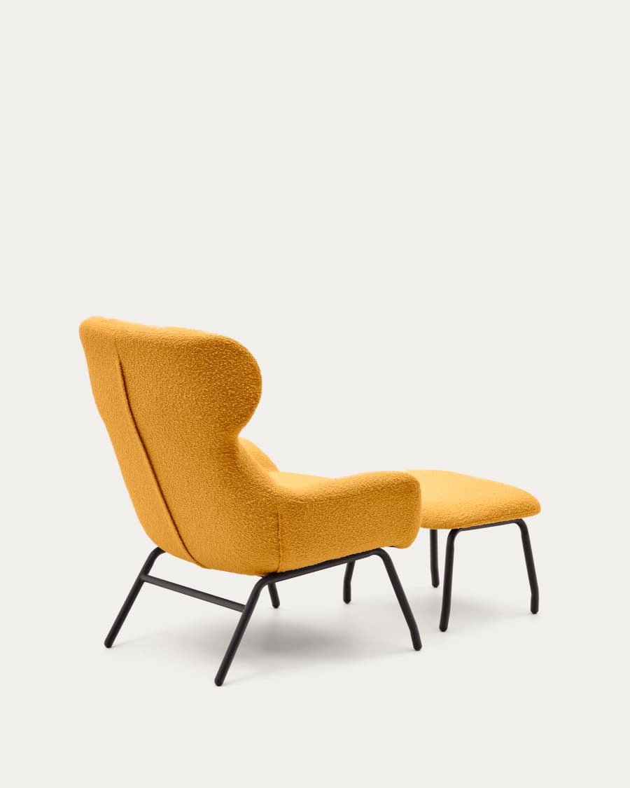 Belina Sessel mit Fußablage aus Bouclé in Senfgelb und Stahl in schwarz