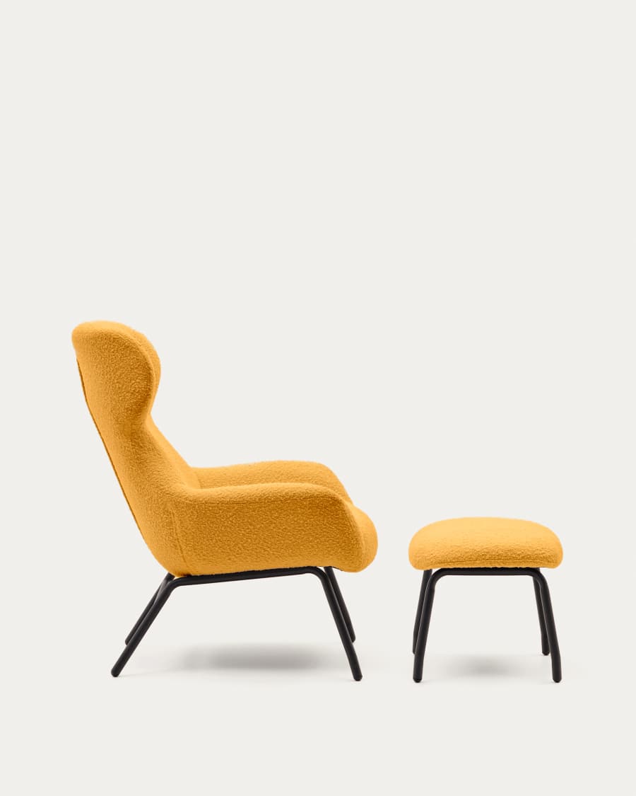 Belina Sessel mit Fußablage aus Bouclé in Senfgelb und Stahl in schwarz