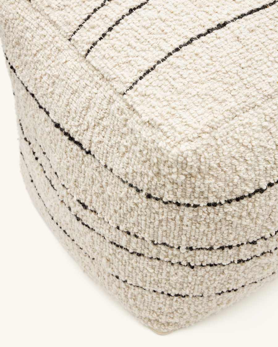 Micol beige wool pouffe with black stripes 40 x 40 cm