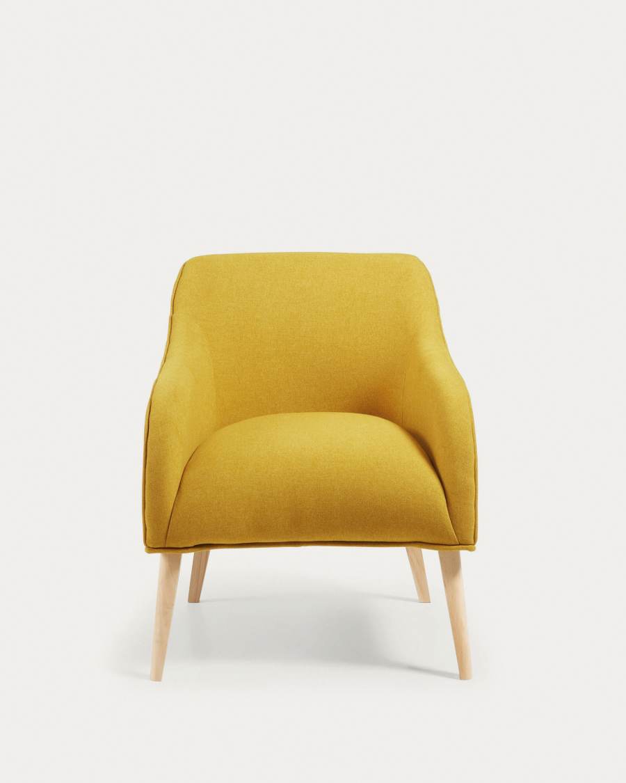 Fauteuil Bobly jaune moutarde et pieds en bois avec finition naturelle