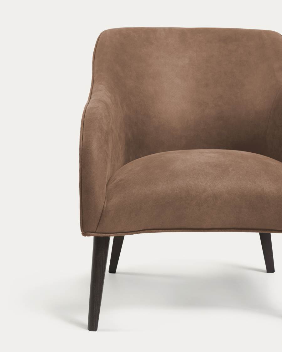 Bobly armchair in dark brown fabric with wenge finish legs