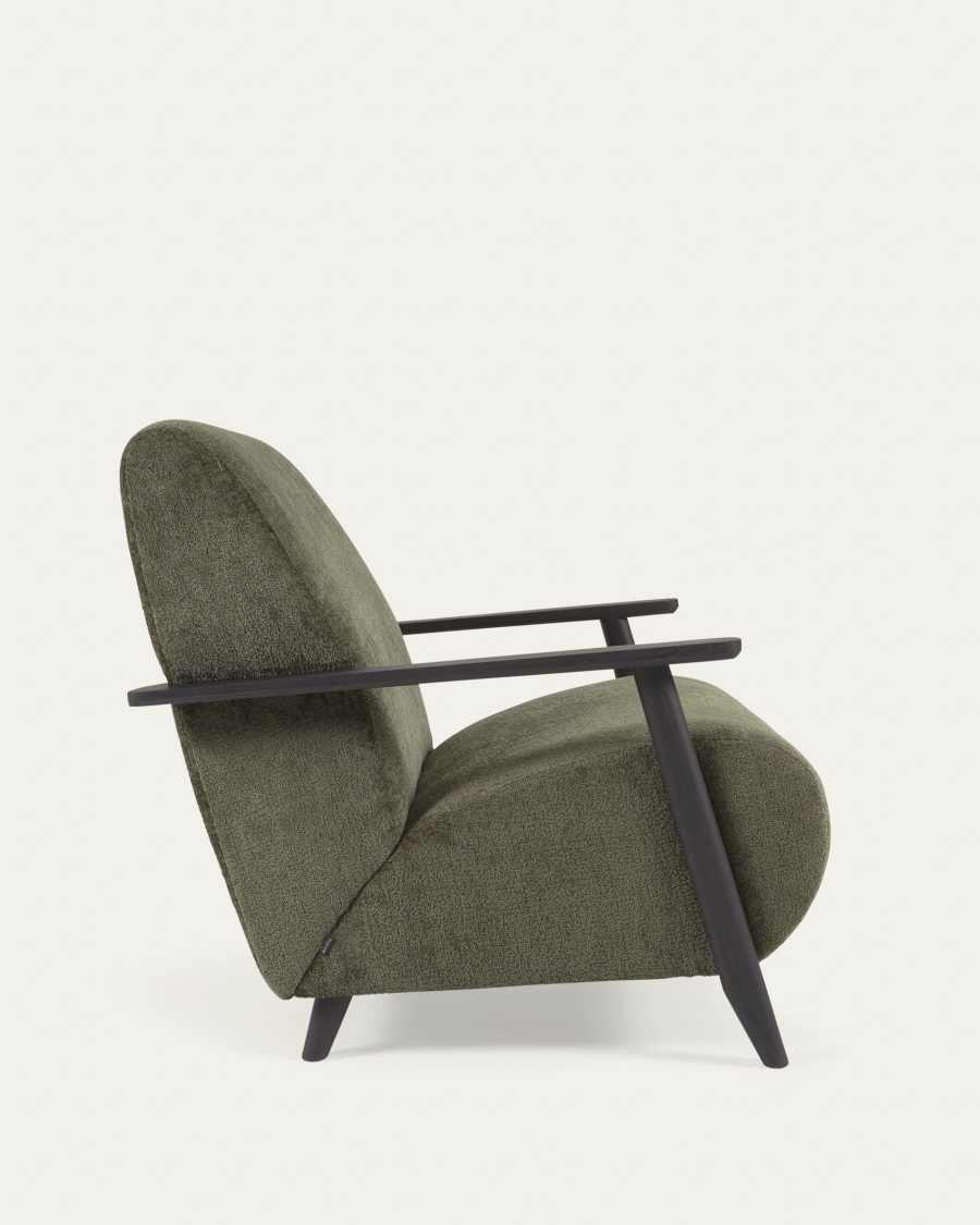 Fauteuil Meghan en chenille verte et bois finition wengé FSC Mix Credit