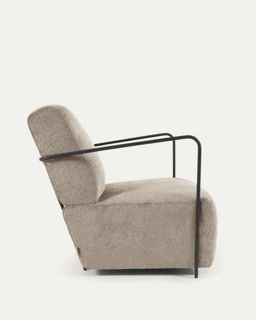 Gamer fauteuil in beige chenille en metaal met zwarte afwerking