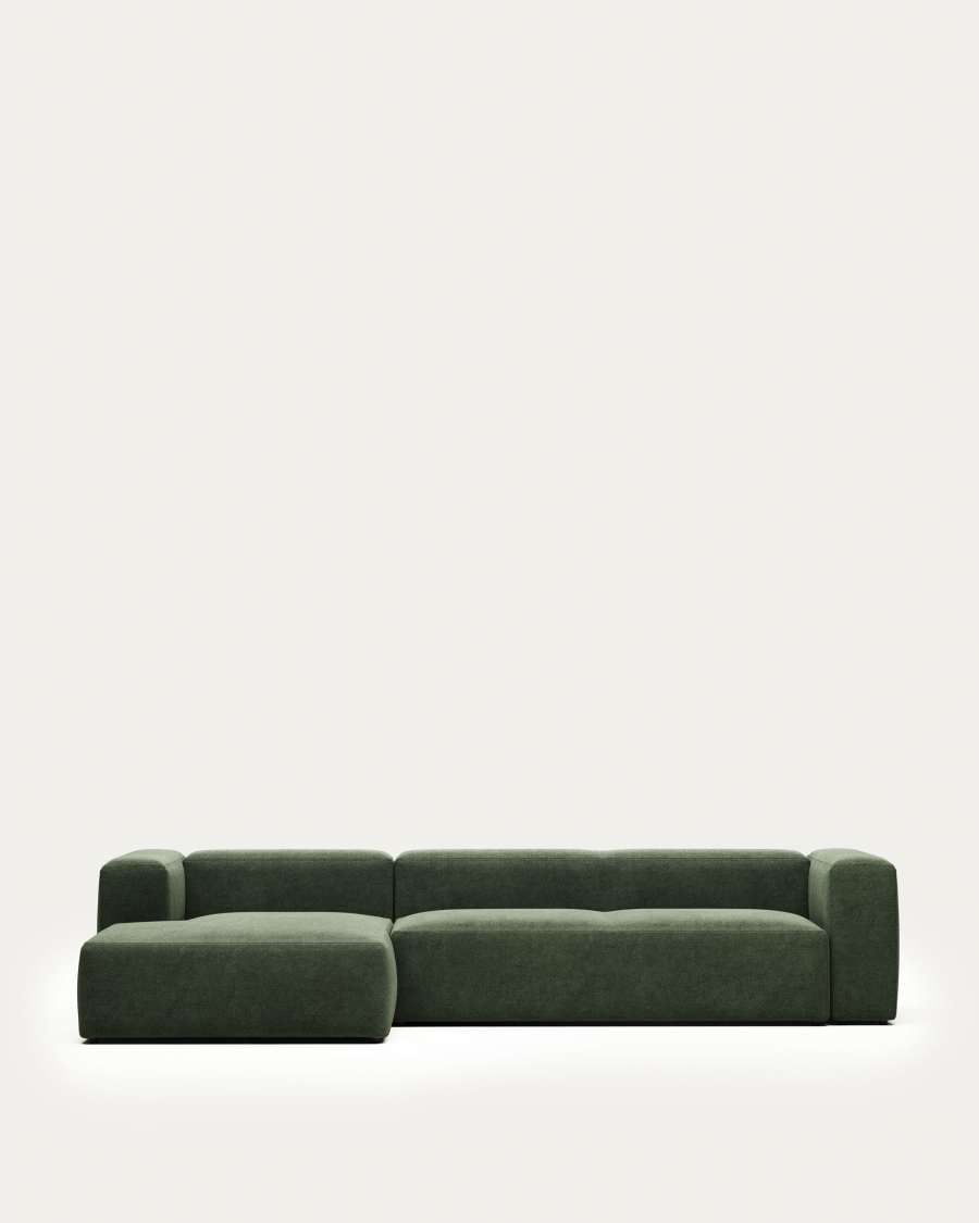 Blok fire-retardant 4-seater sofa with left chaise longue in green chenille 330cm