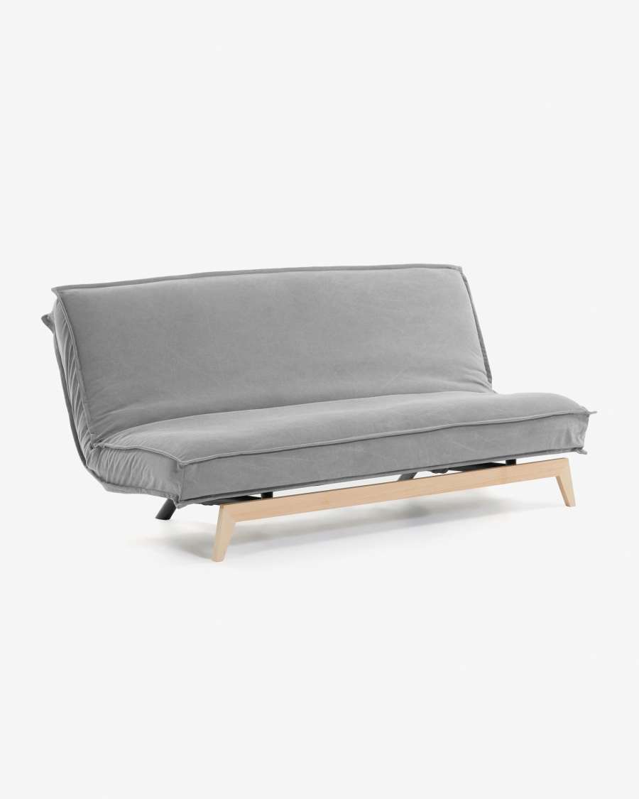 Eveline three-seater sofa bed in grey, wooden frame, 195 cm