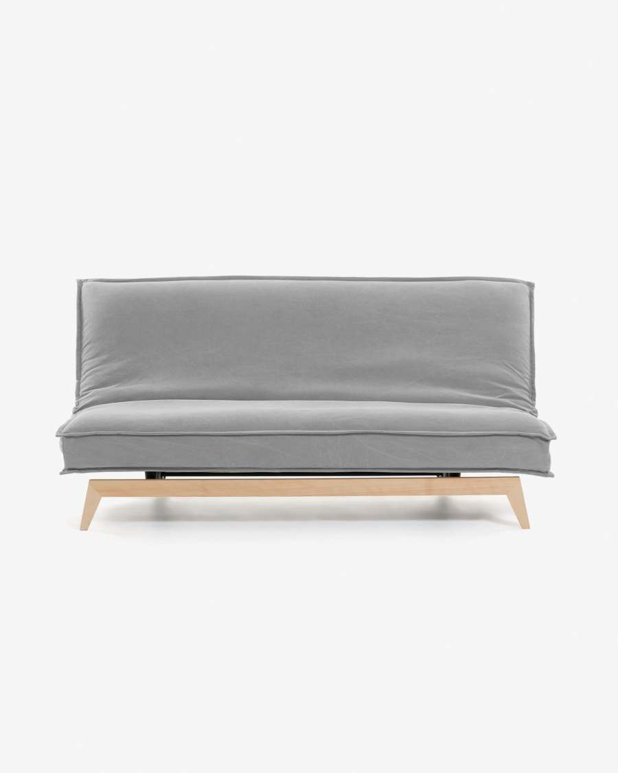 Eveline three-seater sofa bed in grey, wooden frame, 195 cm