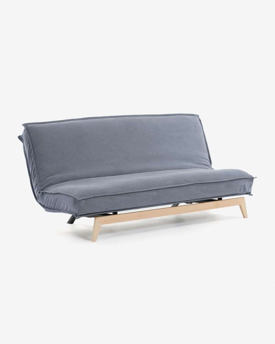 Eveline three-seater sofa bed in blue, wooden frame, 195 cm