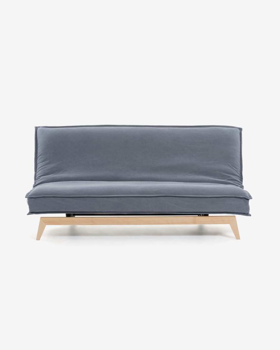 Eveline three-seater sofa bed in blue, wooden frame, 195 cm