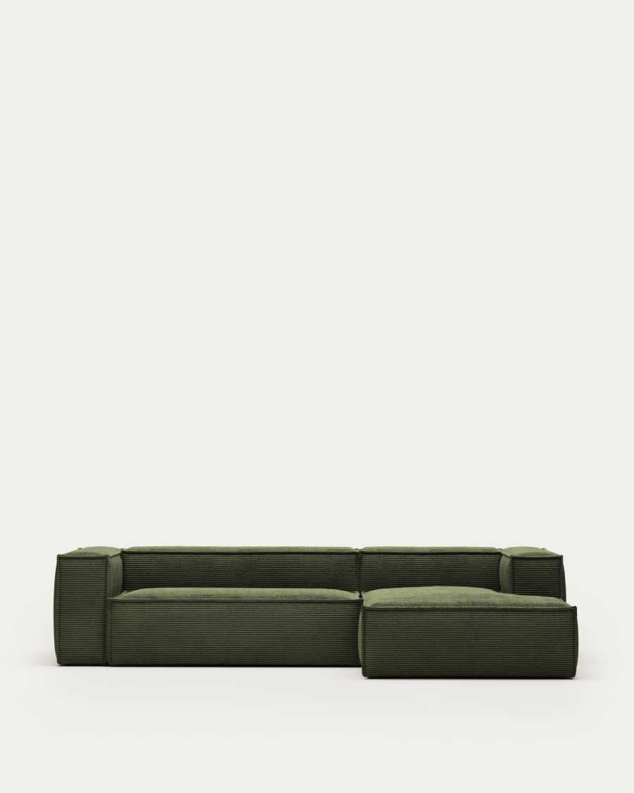 Blok fire-retardant 3-seater sofa with right chaise longue in thick green corduroy 300cm