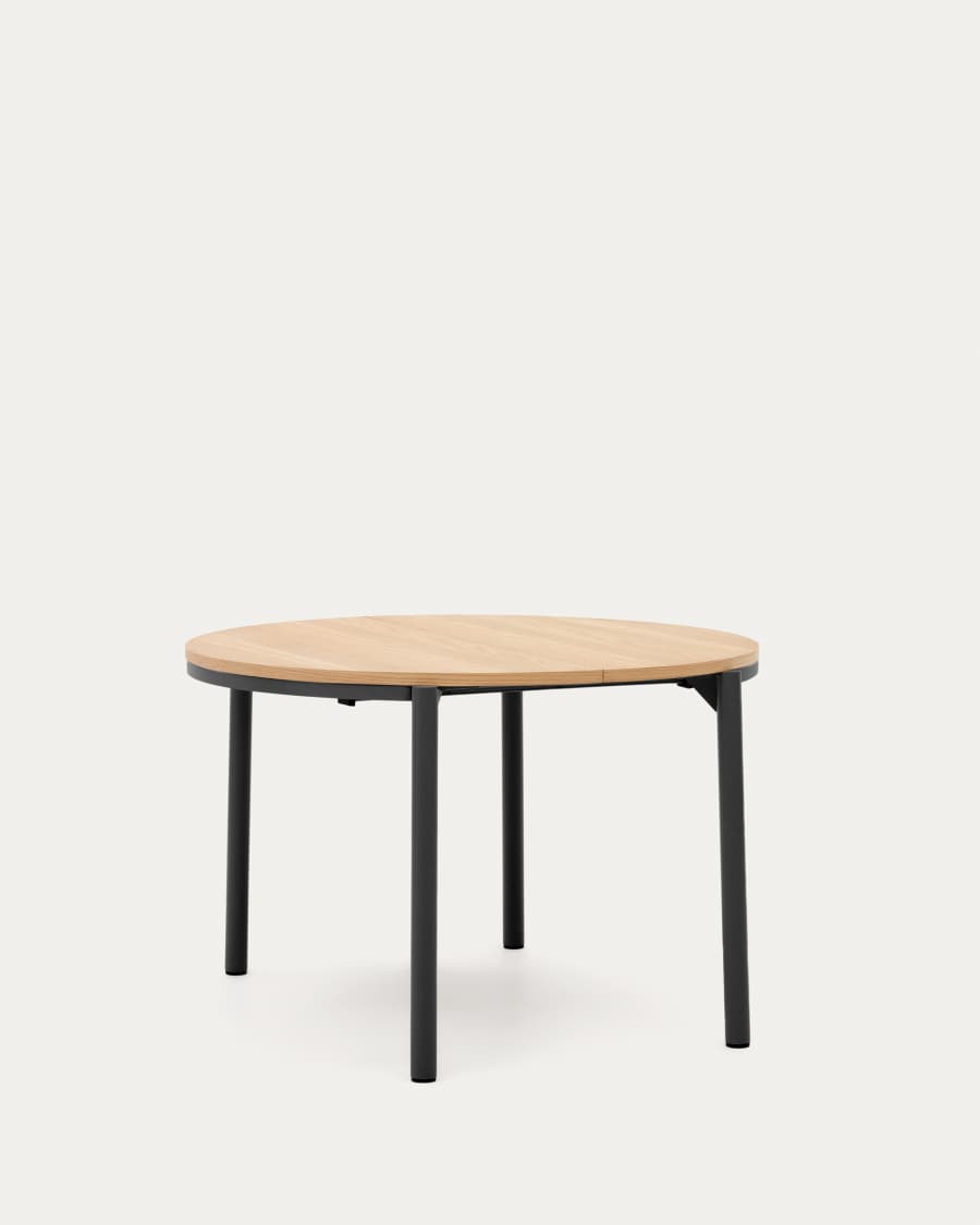 Ανοιγόμενο στρογγυλό τραπέζι Montuiri, καπλαμάς δρυός και ατσάλινα πόδια σε μαύρο φινίρισμα, Ø120(200)εκ