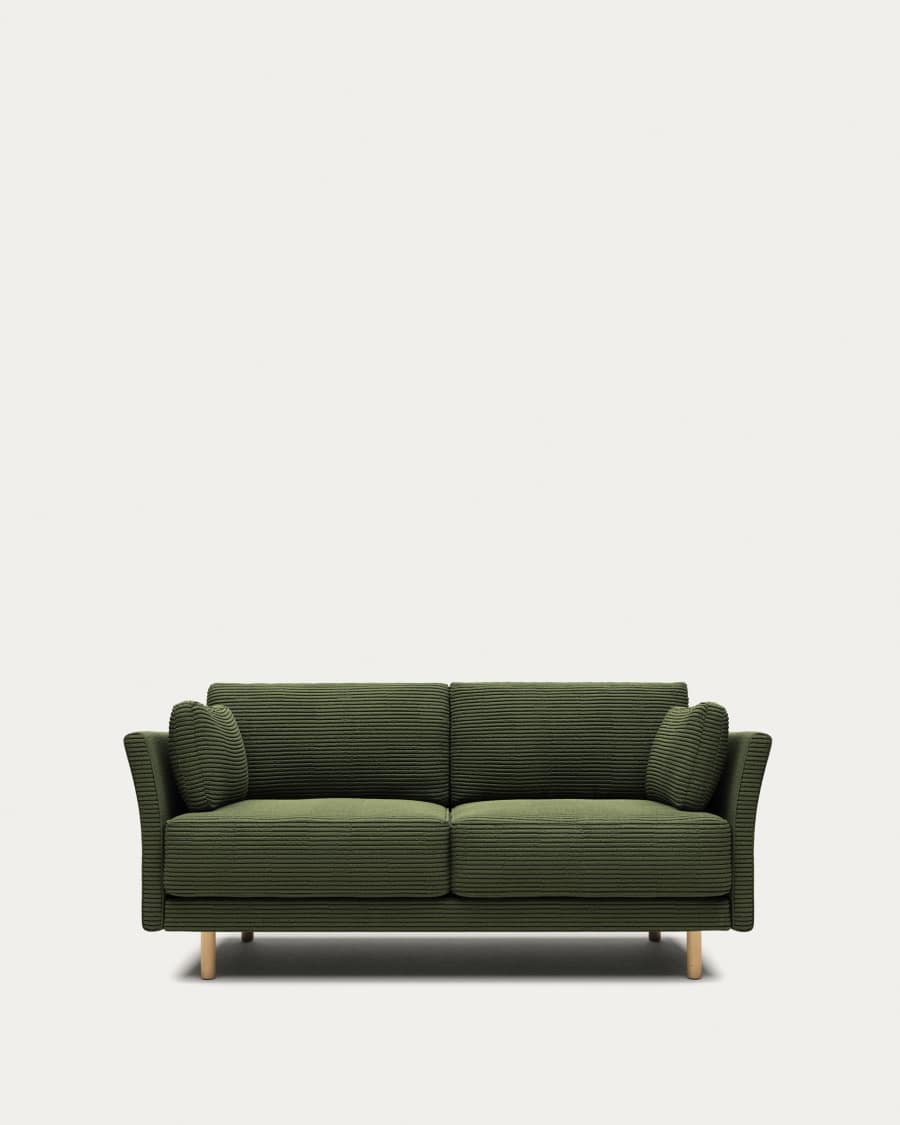2-Sitzer-Sofa Gilma, schwer entflammbar mit dickem, grünem Cord und Beinen mit naturfarbenem Finish, 170 cm