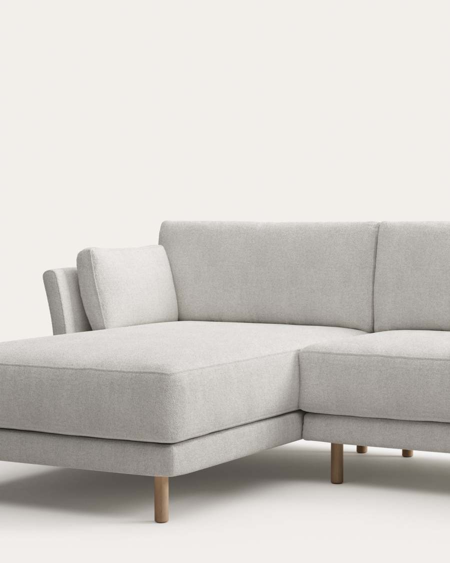 Gilma 3 seater sofa left/right side chaise in white fleece, natural finish legs, 260 cm FR