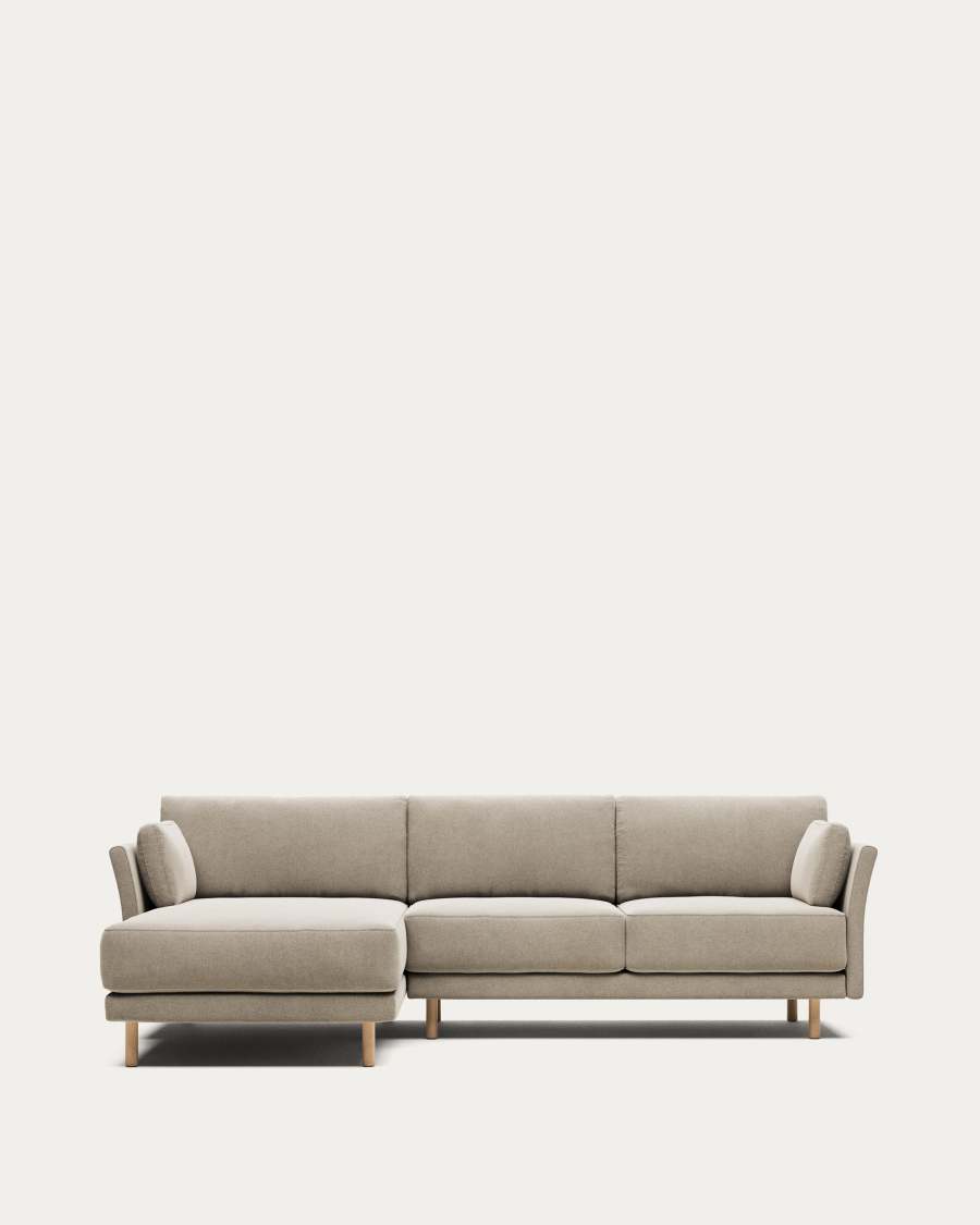 3-Sitzer-Sofa Gilma mit Chaiselongue rechts/links, schwer entflammbar mit beiger Chenille und Beinen mit naturfarbenem Finish, 260 cm