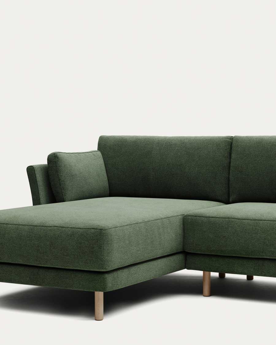 Gilma fire-retardant 3-seater sofa with right/left chaise longue in green chenille with natural-finish legs 260cm