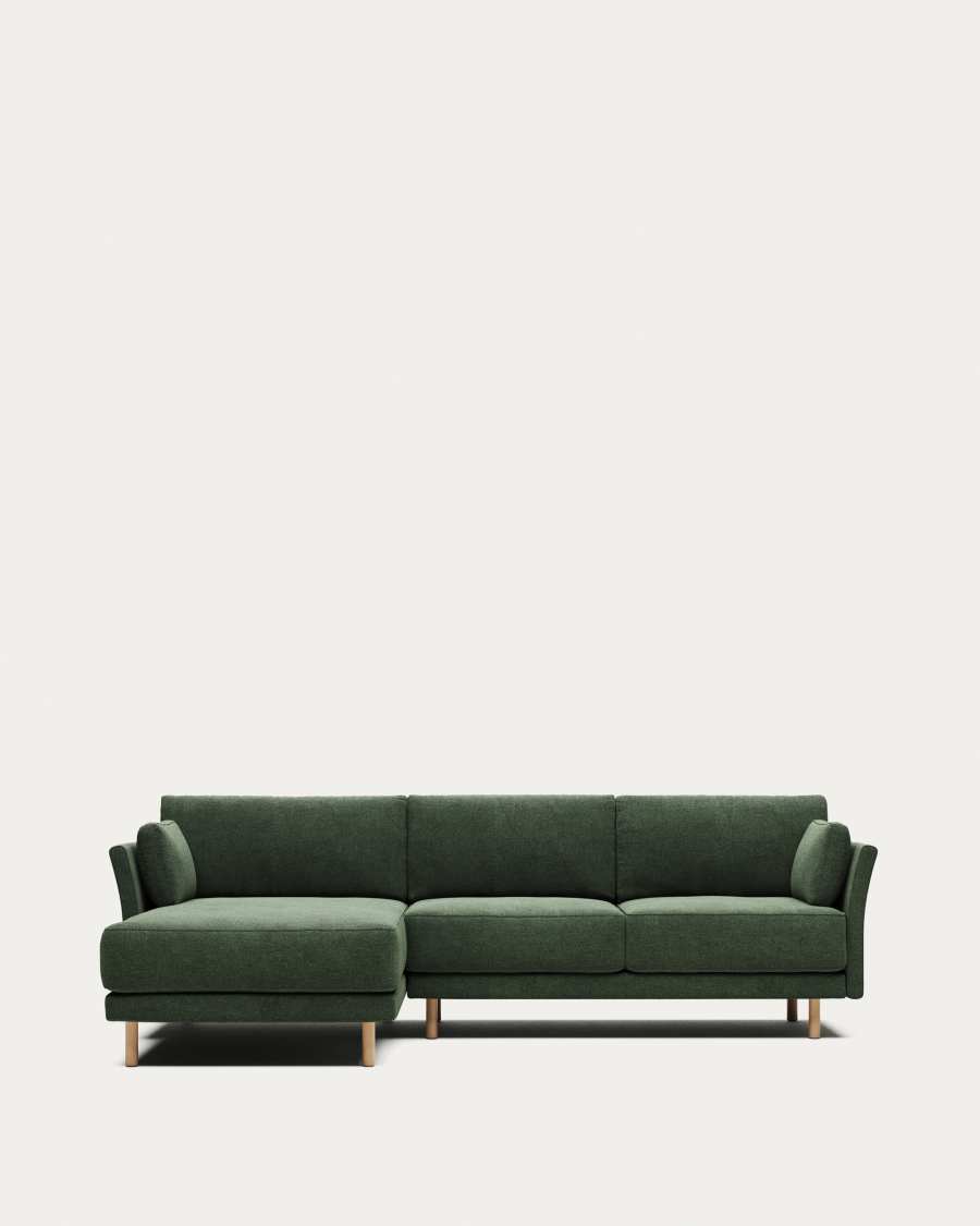 Gilma fire-retardant 3-seater sofa with right/left chaise longue in green chenille with natural-finish legs 260cm