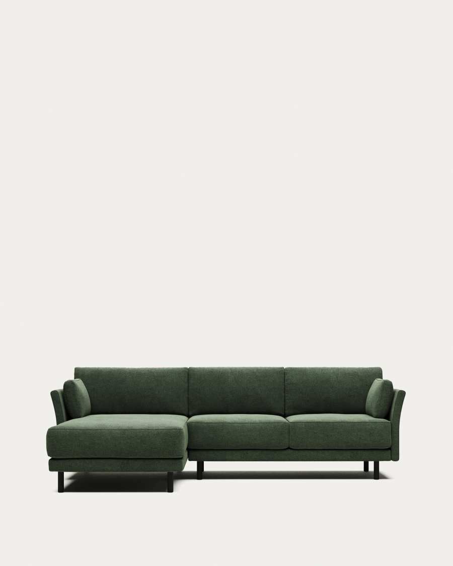 Gilma fire-retardant 3-seater sofa with right/left chaise longue in green chenille with black legs 260cm