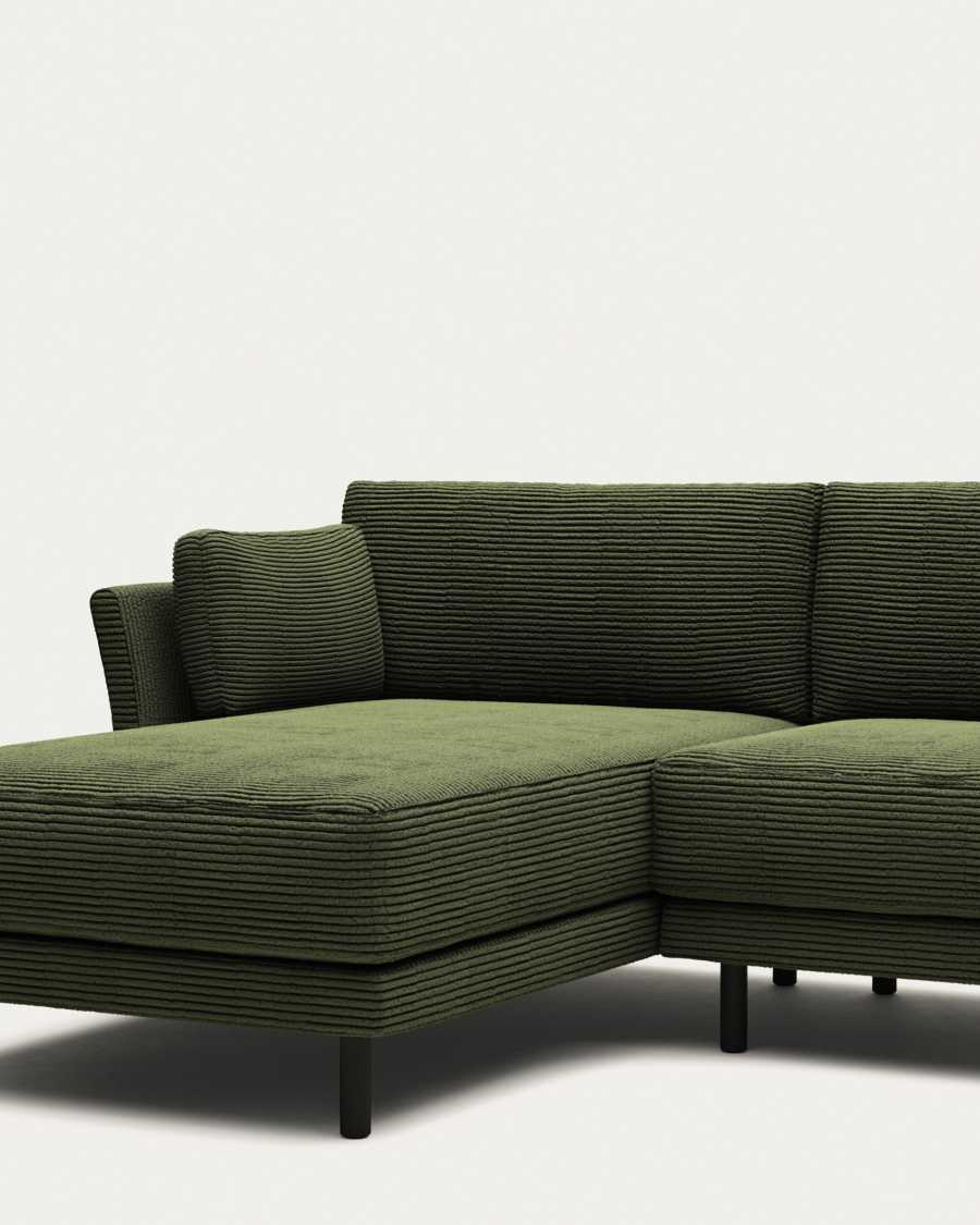 Gilma fire-retardant 3-seater sofa with right/left chaise longue in thick green corduroy with black-finish legs 260cm