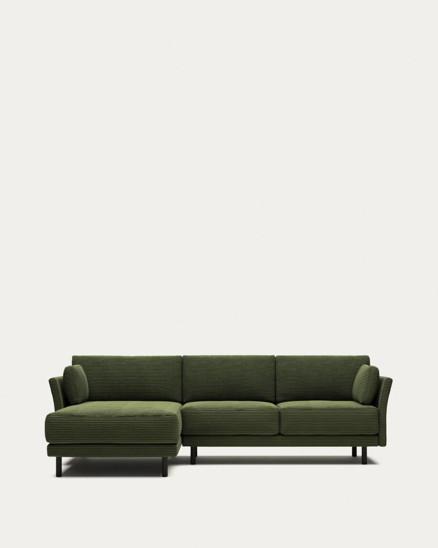 Gilma fire-retardant 3-seater sofa with right/left chaise longue in thick green corduroy with black-finish legs 260cm